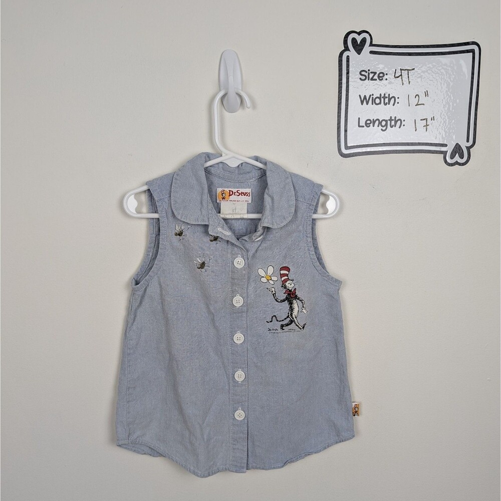 Vintage Dr Seuss Cat In The Hat Girls 4T Chambray Sleeveless Shirt